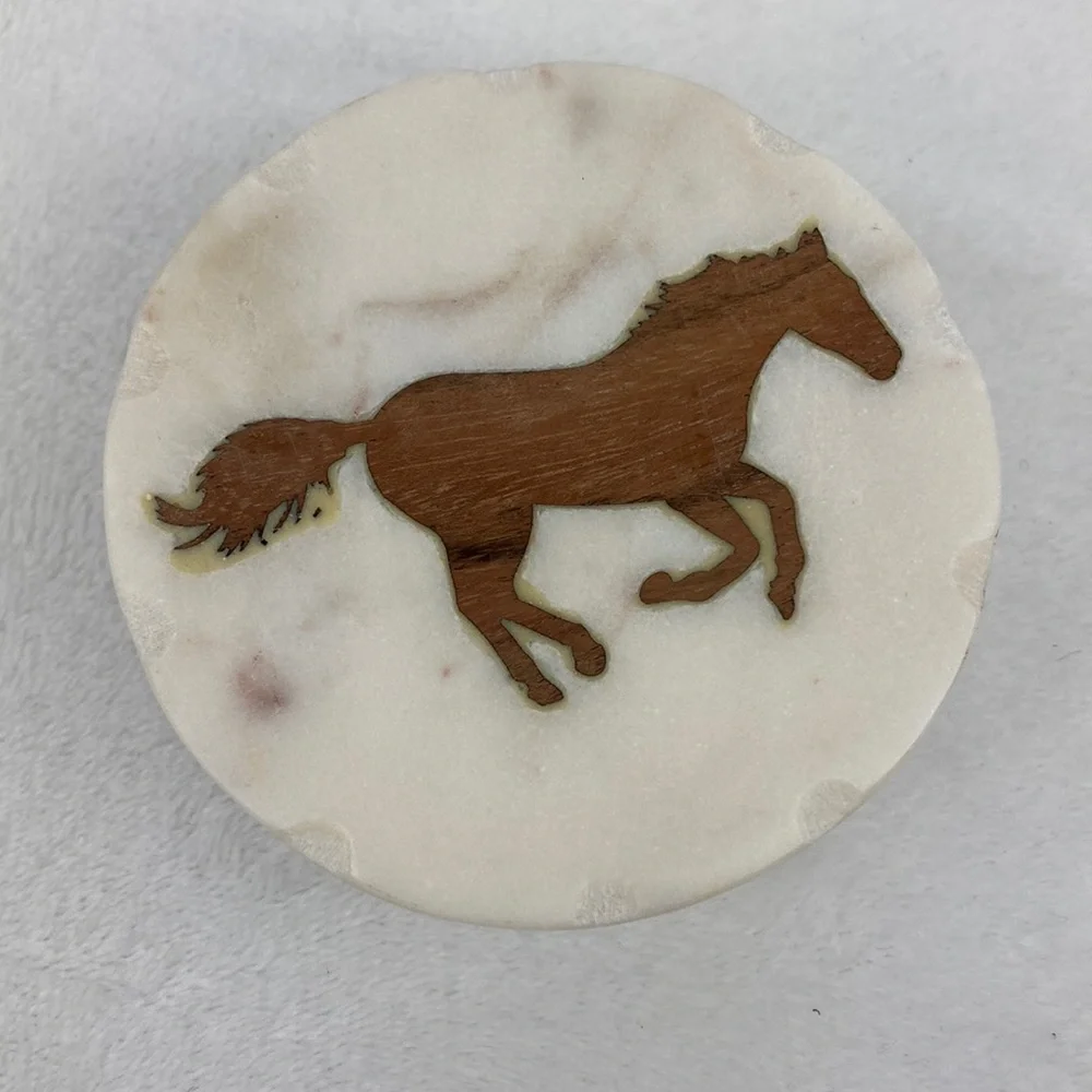 Boot Barn Ranch Wood Horse Inlay Marble Coaster Set of 4